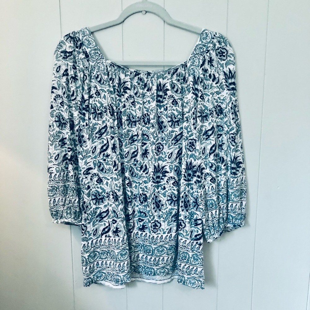 Lucky Brand Boho Peasant Blue Green Floral Scoop Neck Puff Sleeve Cottage Medium - Picture 5 of 6